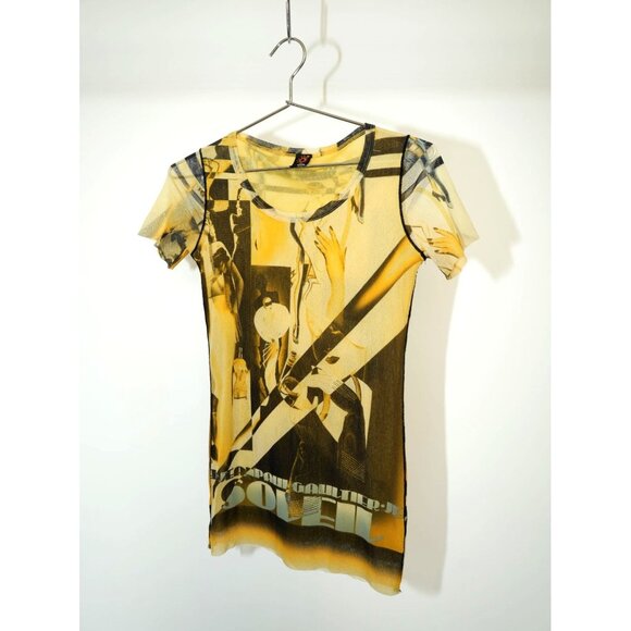 Vintage Jean Paul Gaultier "Concert" Print Mesh Tee Shirt Yellow Women's - Picture 1 of 5